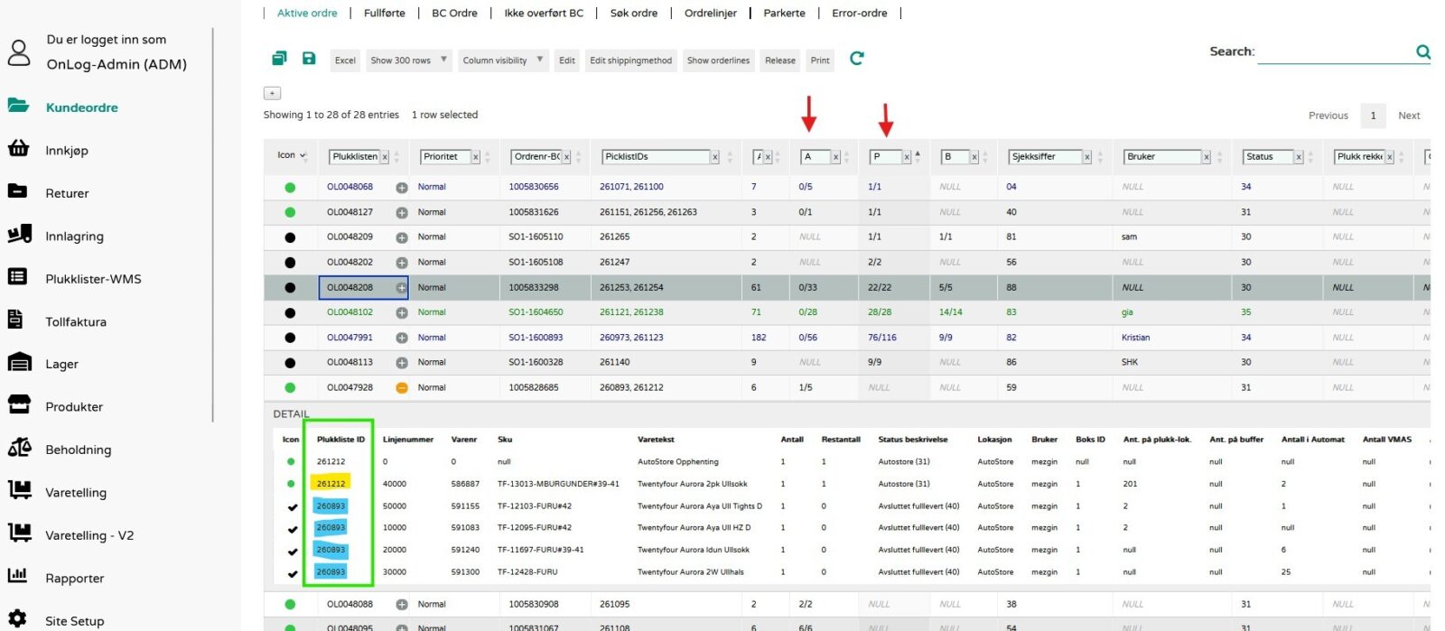 Auto Store Plukklister