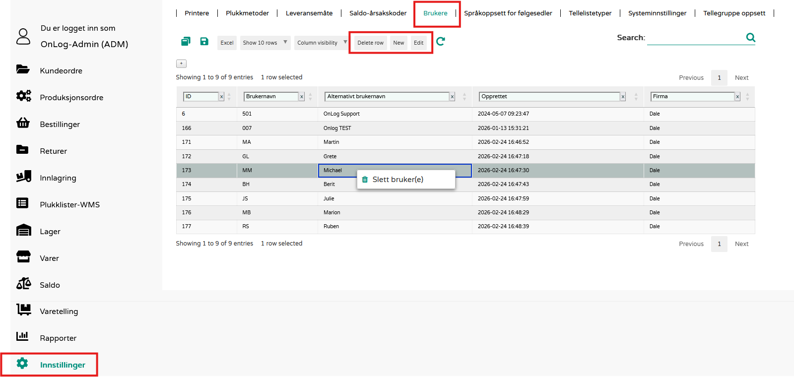Innstillinger Brukere